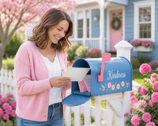 A woman in a pink cardigan opening her mailbox